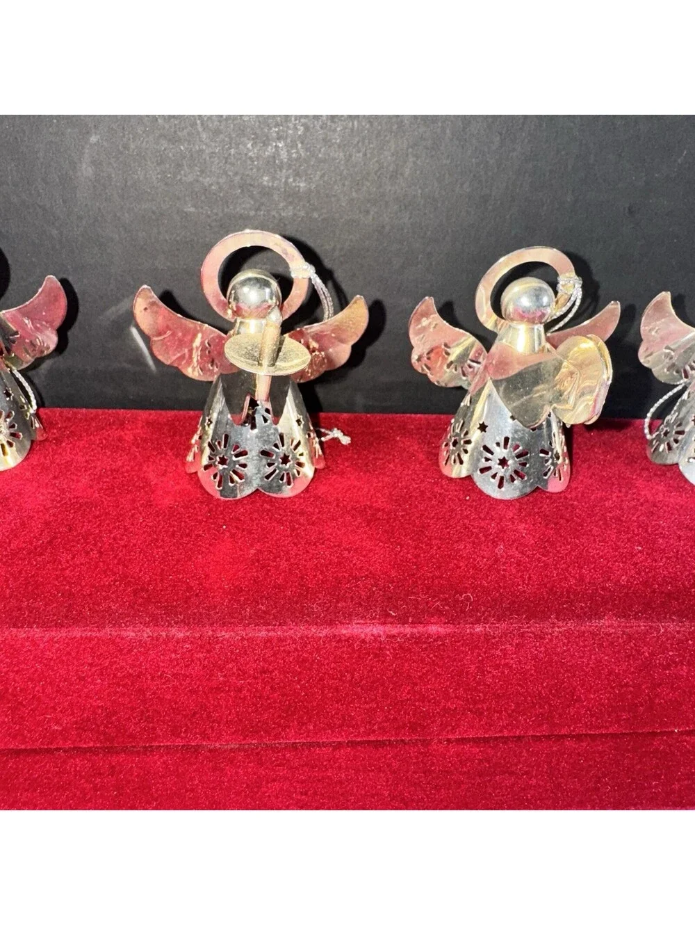 4 Vintage Silver Metal Angel Ornaments Red Velvet Box Christmas Holiday Decor